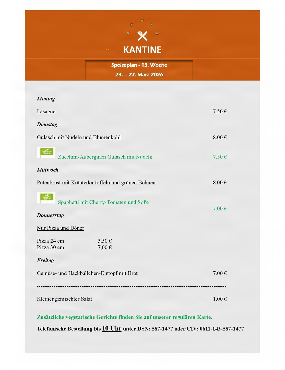 USAG Ansbach Kantine Menu 23 March 2026