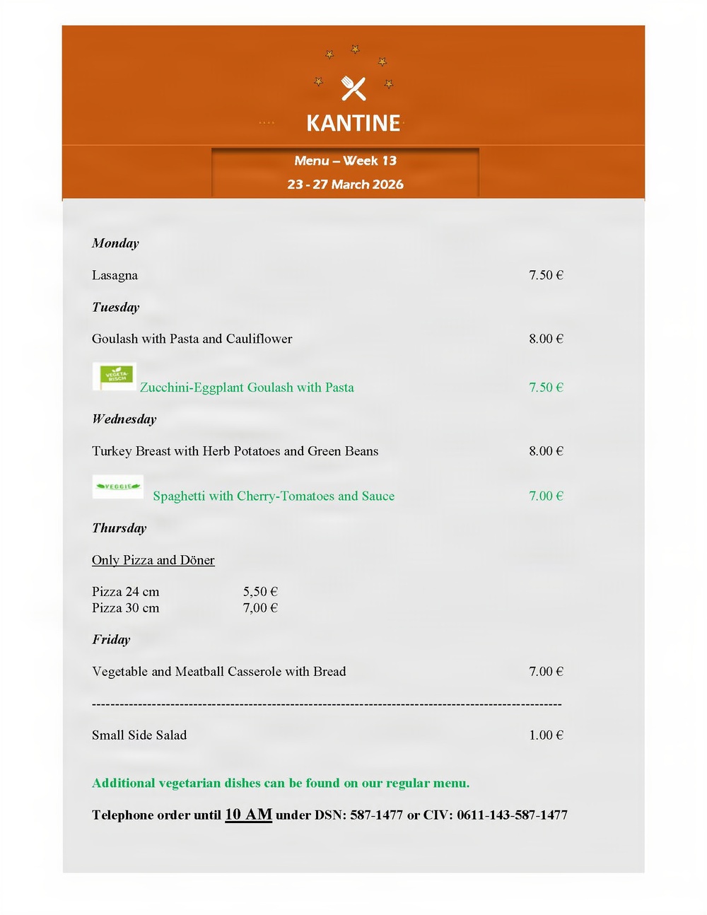 USAG Ansbach Kantine Menu 23 March 2026