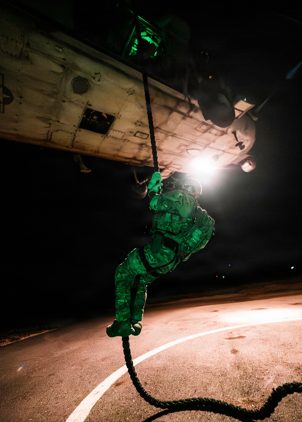 EOD Technicians Practice Nighttime Rappelling and Fast-Roping Techniques