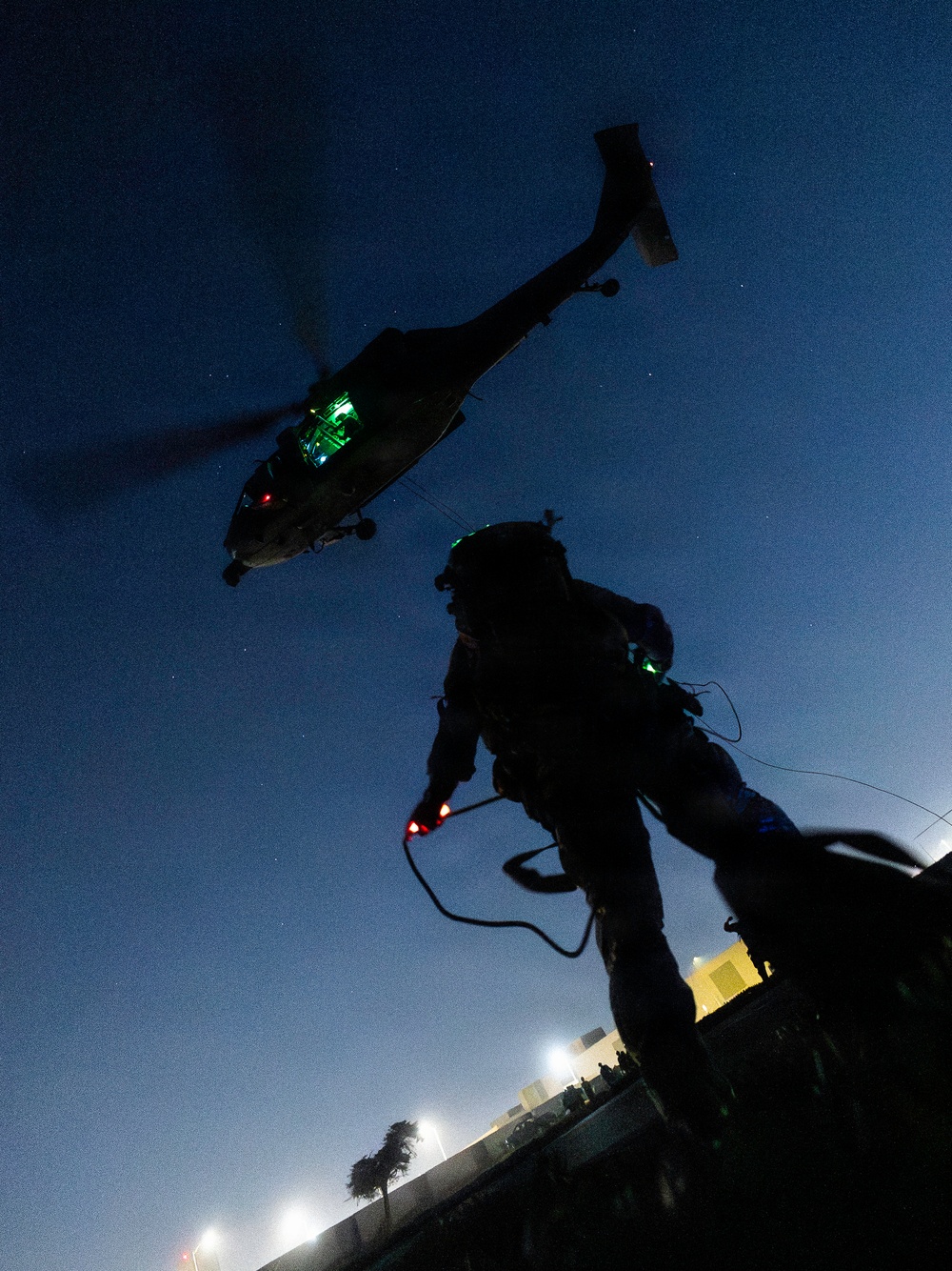 EOD Technicians Practice Nighttime Rappelling and Fast-Roping Techniques