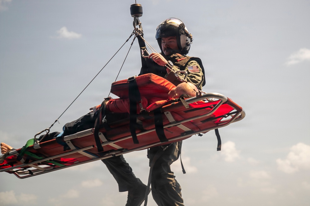 USS Tripoli Conducts Hoisting Exercise on Aircraft Elevator