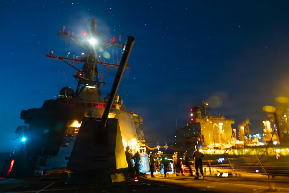 USS Spruance (DDG 111) Conducts a Replenishment-at-Sea During Operation Epic Fury