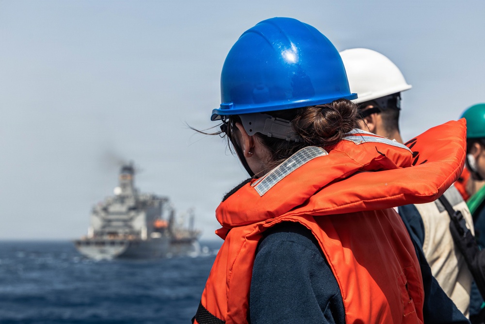 USS Bainbridge Conducts a Replenishment-at-Sea with USNS Kanawha During Operation Epic Fury