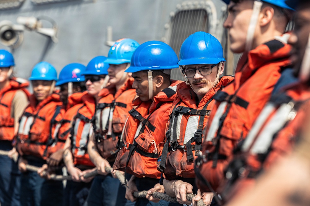 USS Bainbridge Conducts a Replenishment-at-Sea with USNS Kanawha During Operation Epic Fury