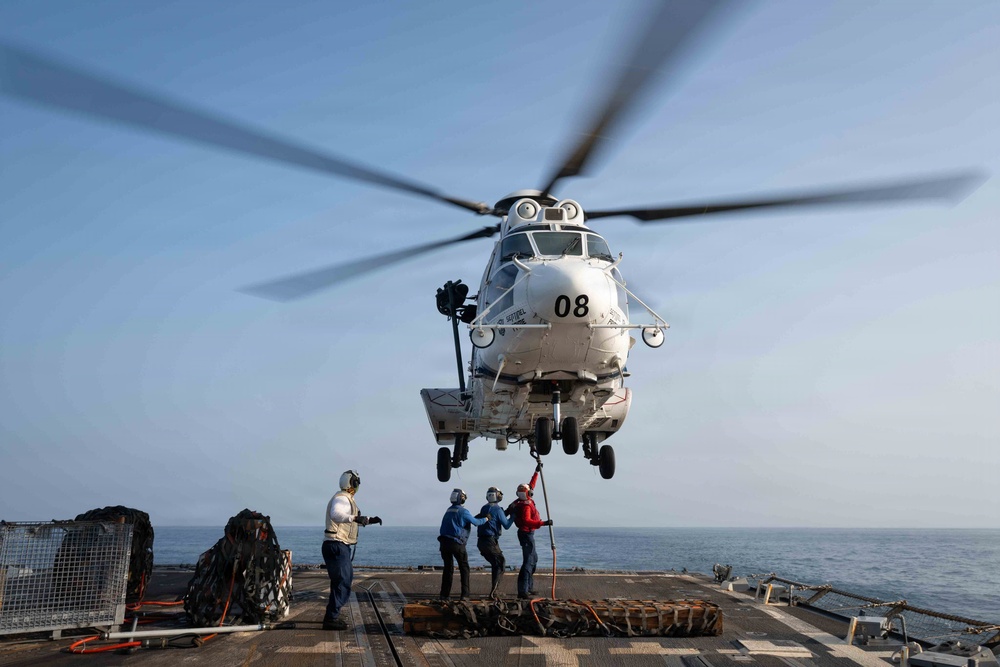 USS Pinckney Conducts a Replenishment-at-Sea During Operation Epic Fury