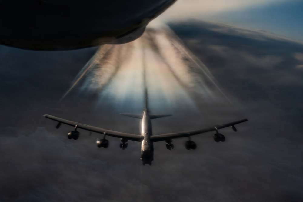 KC-135 Stratotanker aerial refuels B-52H Stratofortress during Operation Epic Fury