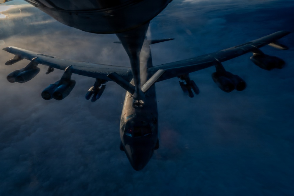KC-135 Stratotanker aerial refuels B-52H Stratofortress during Operation Epic Fury