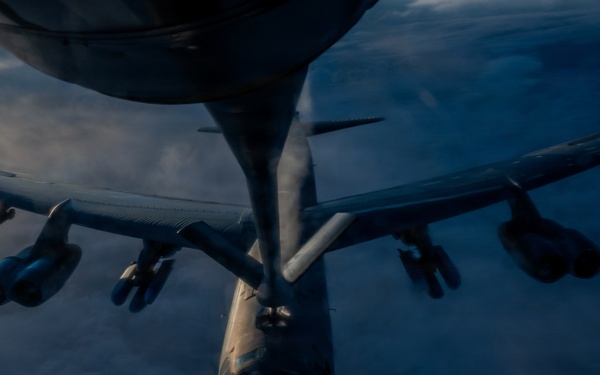 KC-135 Stratotanker aerial refuels B-52H Stratofortress during Operation Epic Fury