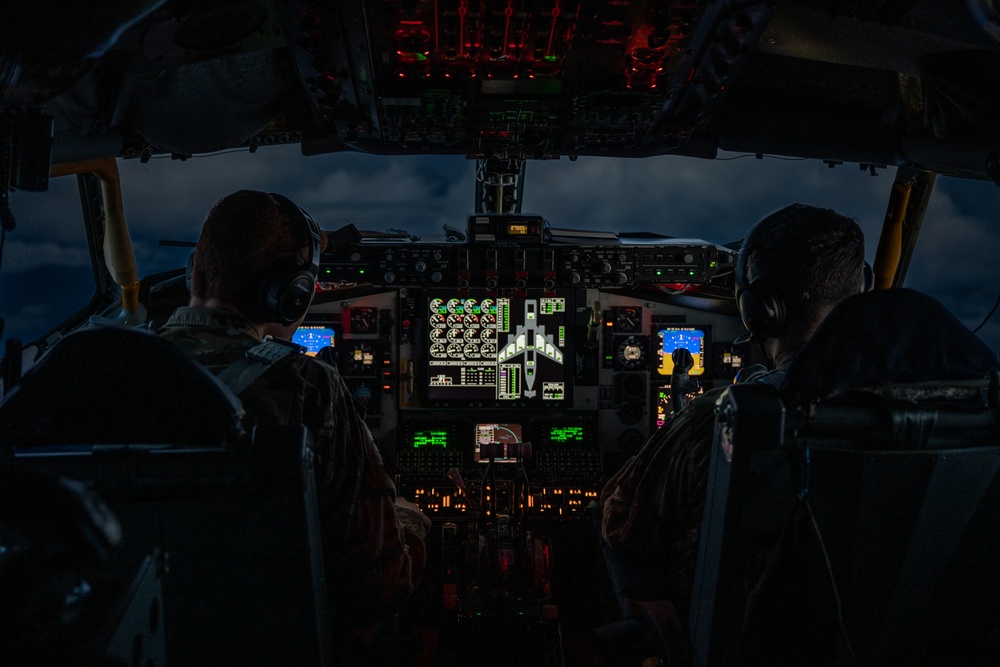KC-135 Stratotanker aerial refuels B-52H Stratofortress during Operation Epic Fury