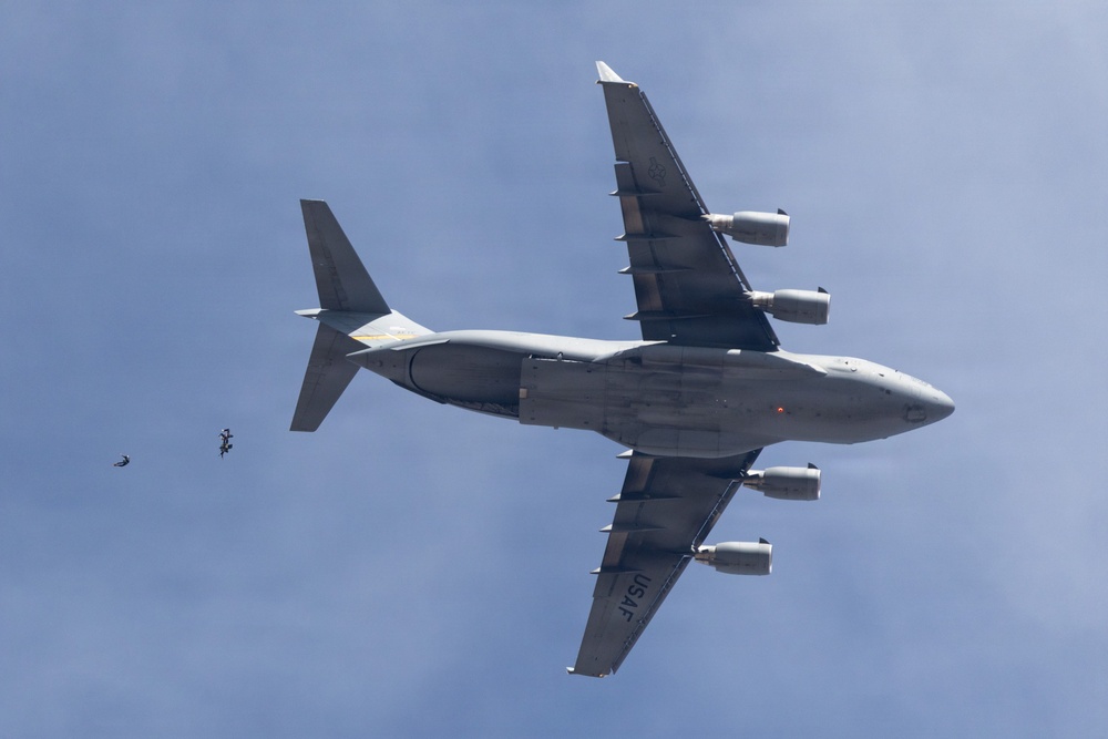 Jumpers Away! Parachutists begin their demonstration at the Luke Days 2026 Airshow