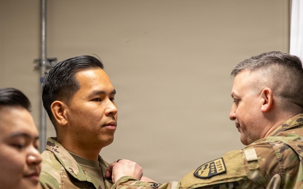 Capt. Donbosco A. Hein and Sgt. Eugene P. Arbis of the 498th CSSB received the Army Achievement Medal (AAM) from Maj. Gen. Justin W. Osberg, deputy combined rear area coordinator, United States Forces Korea (USFK) on Mar. 24.
