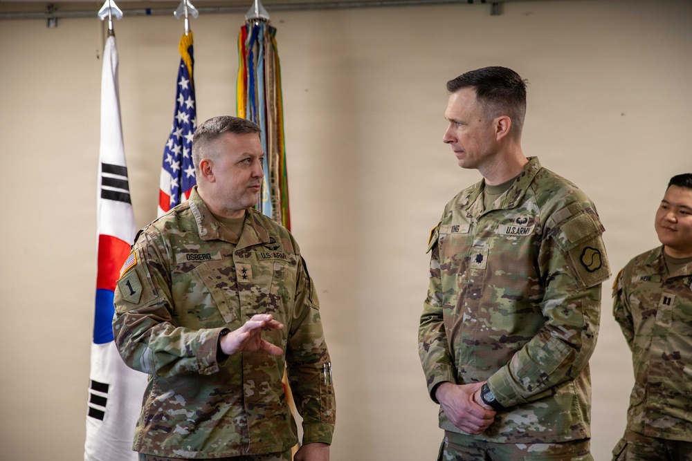 Capt. Donbosco A. Hein and Sgt. Eugene P. Arbis of the 498th CSSB received the Army Achievement Medal (AAM) from Maj. Gen. Justin W. Osberg, deputy combined rear area coordinator, United States Forces Korea (USFK) on Mar. 24.