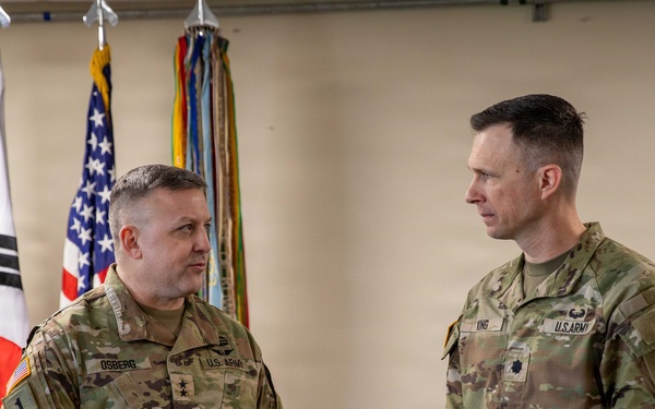 Capt. Donbosco A. Hein and Sgt. Eugene P. Arbis of the 498th CSSB received the Army Achievement Medal (AAM) from Maj. Gen. Justin W. Osberg, deputy combined rear area coordinator, United States Forces Korea (USFK) on Mar. 24.
