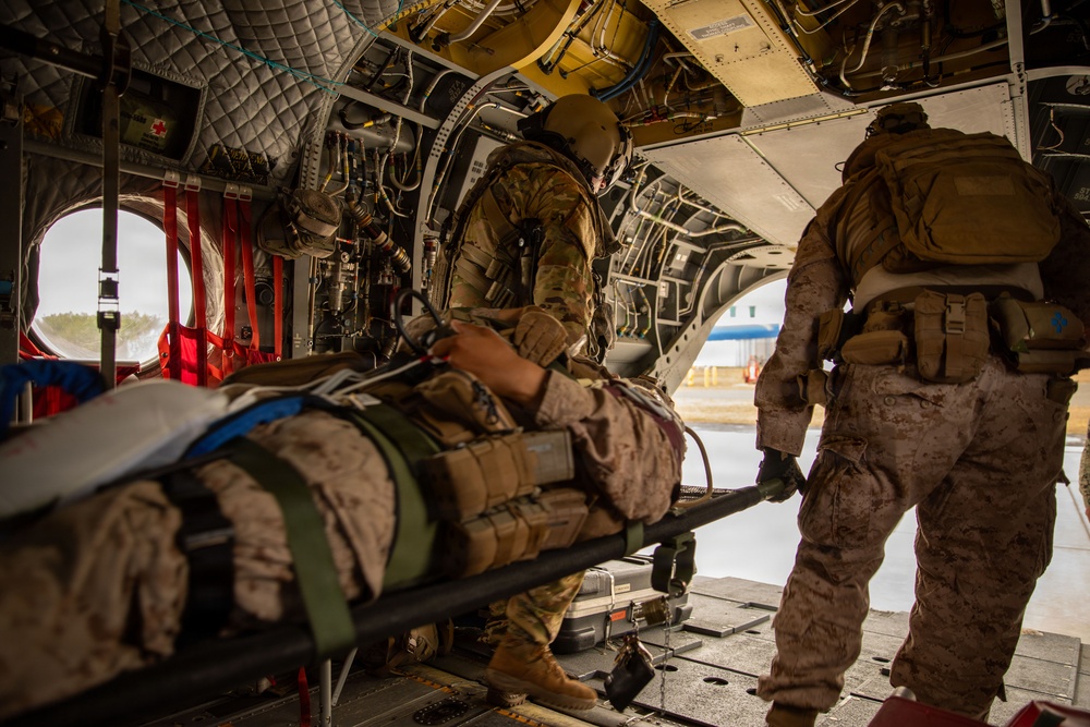 U.S. Army Soldiers and U.S. Marines assigned to Joint Task Force-Southern Guard participate in CASEVAC exercise