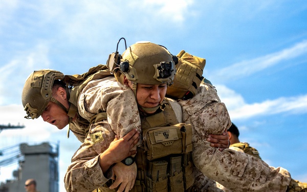11th MEU Marines, Sailors Conduct TCCC and Patrolling Tactics Training Aboard USS Comstock