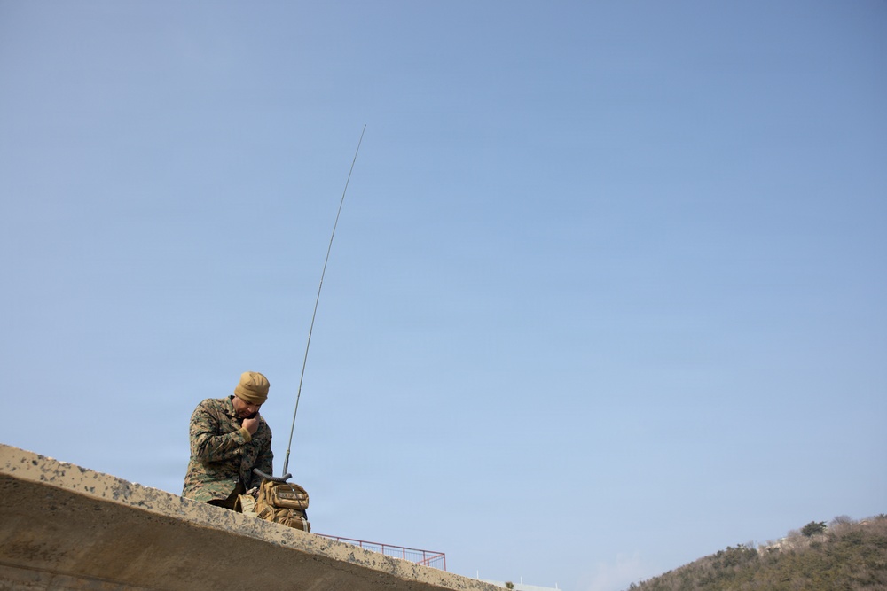 5th Air Naval Gunfire Liaison Company Marines conduct pre-mission gear inspections and establish communications during Freedom Shield 26
