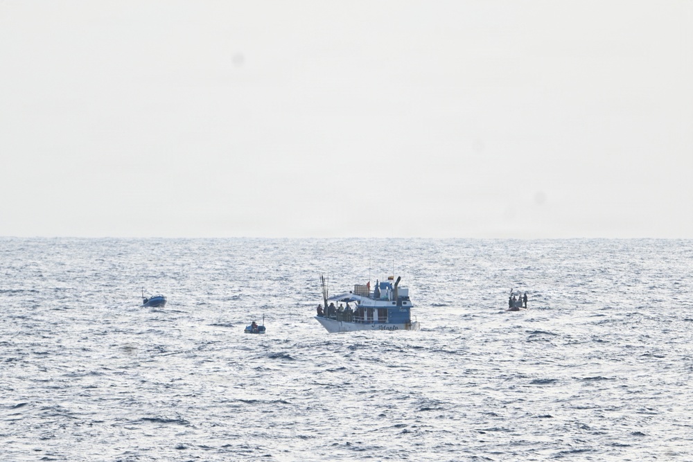 A Coast Guard Cutter Tampa boarding team interdicts more than $12.7M in cocaine from fishing vessel towing pangas in Eastern Pacific Ocean