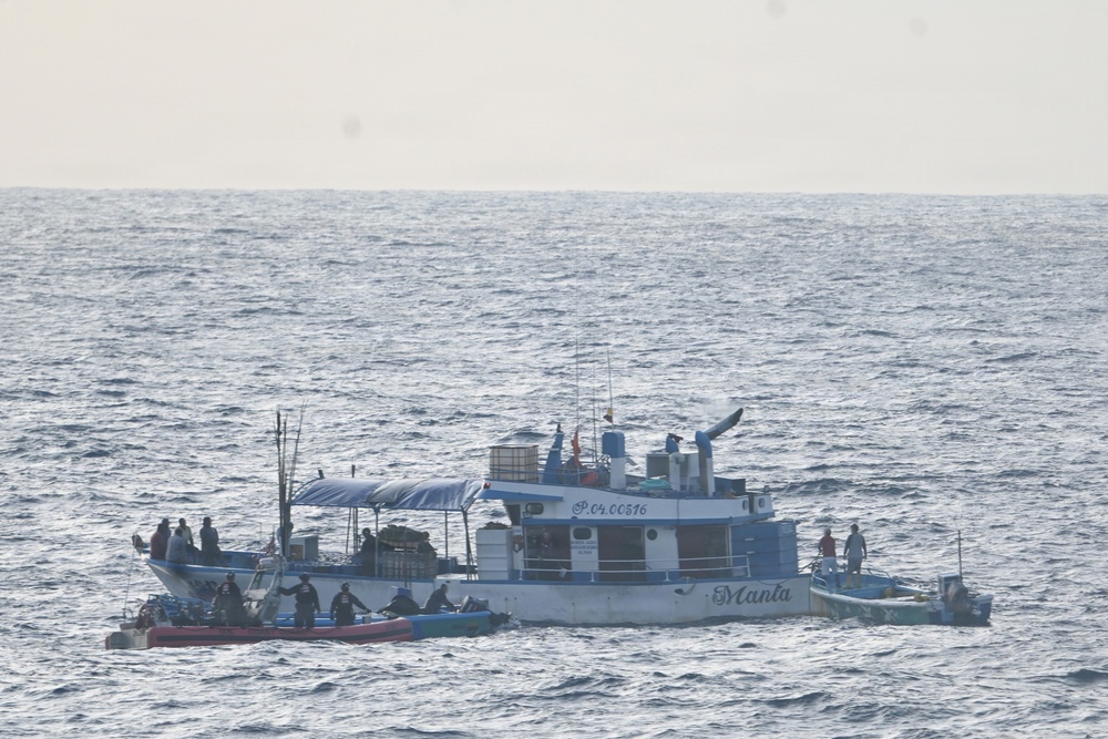 A Coast Guard Cutter Tampa boarding team interdicts more than $12.7M in cocaine from fishing vessel towing pangas in Eastern Pacific Ocean