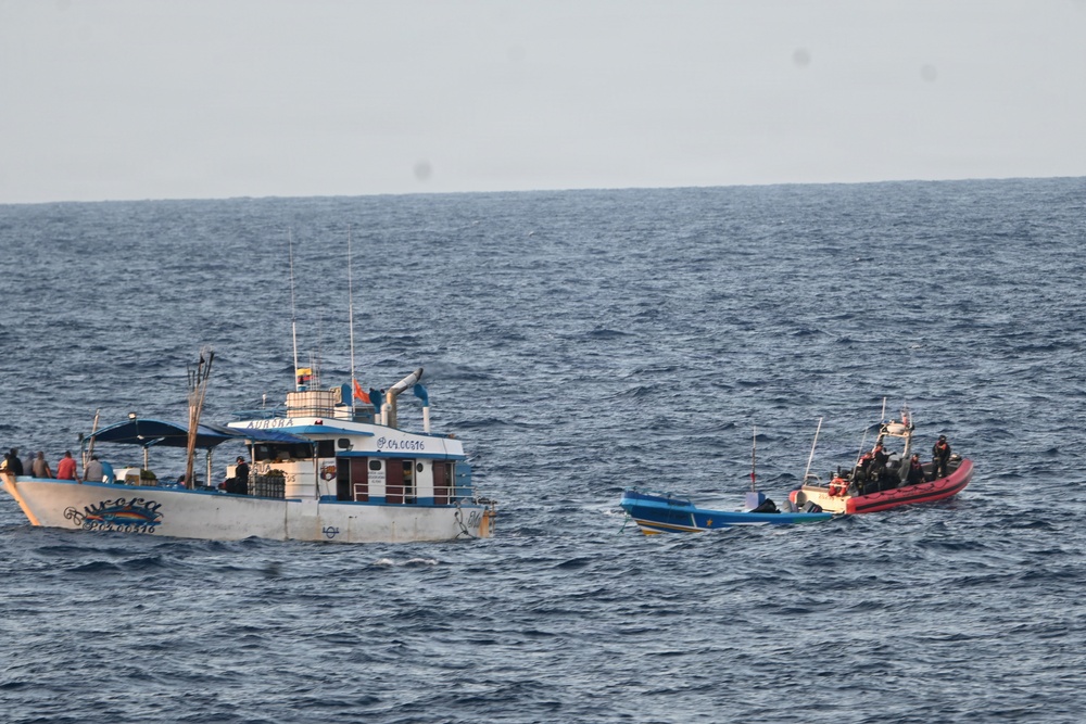 A Coast Guard Cutter Tampa boarding team interdicts more than $12.7M in cocaine from fishing vessel towing pangas in Eastern Pacific Ocean