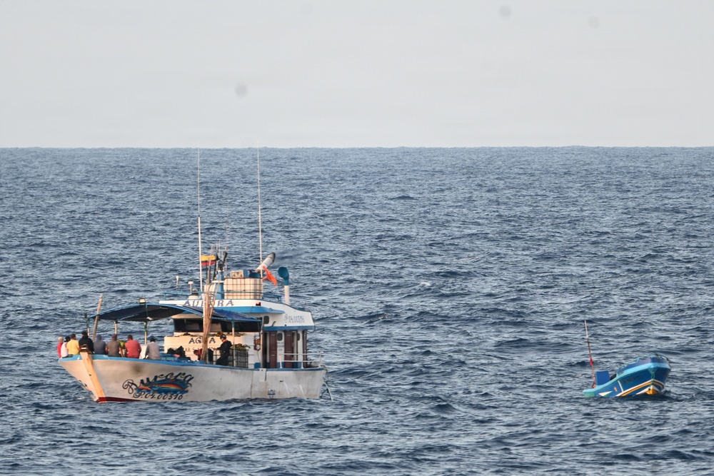A Coast Guard Cutter Tampa boarding team interdicts more than $12.7M in cocaine from fishing vessel towing pangas in Eastern Pacific Ocean