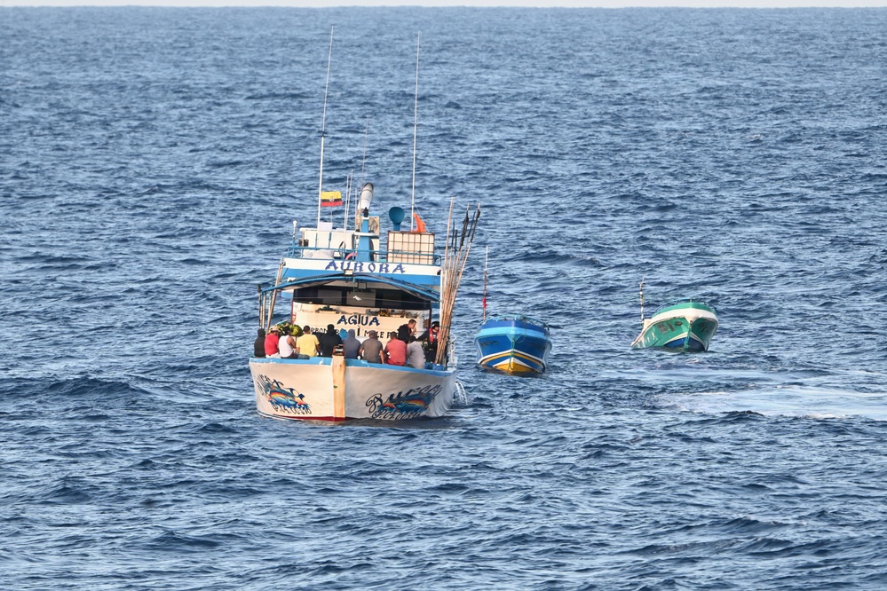 A Coast Guard Cutter Tampa boarding team interdicts more than $12.7M in cocaine from fishing vessel towing pangas in Eastern Pacific Ocean