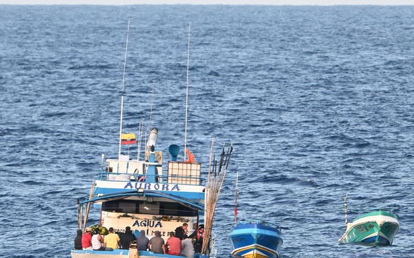A Coast Guard Cutter Tampa boarding team interdicts nearly $12.8M in cocaine from fishing vessel towing three pangas in Eastern Pacific Ocean