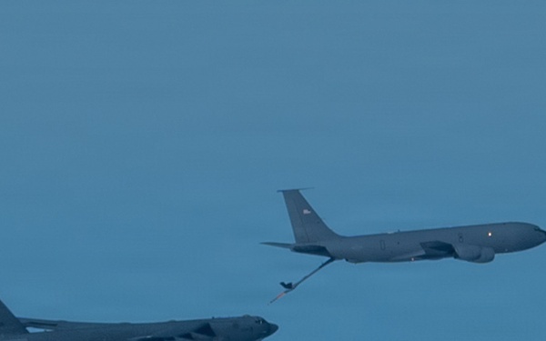 A KC-135 Stratotanker refuels B-52H Stratofortress during Operation Epic Fury