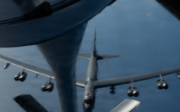 A KC-135 Stratotanker refuels B-52H Stratofortress during Operation Epic Fury