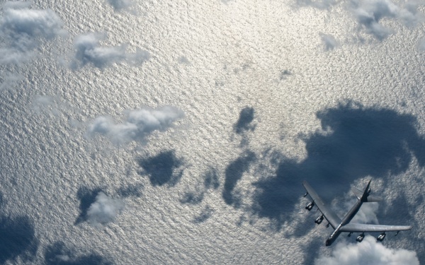 A KC-135 Stratotanker refuels B-52H Stratofortress during Operation Epic Fury