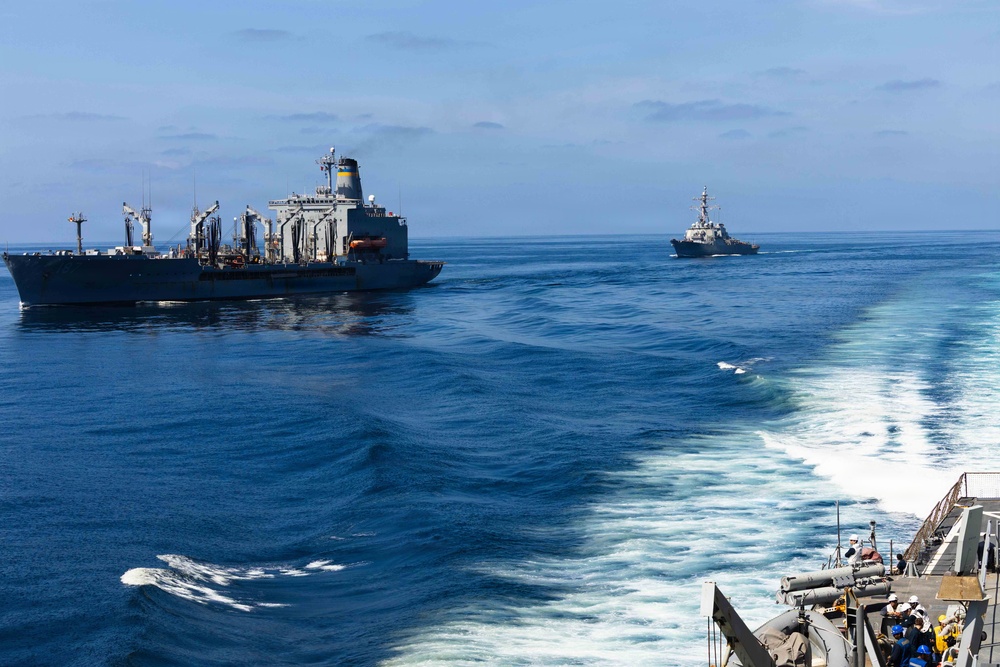 USS Milius (DDG 69) Conducts a Replenishment-at-Sea During Operation Epic Fury