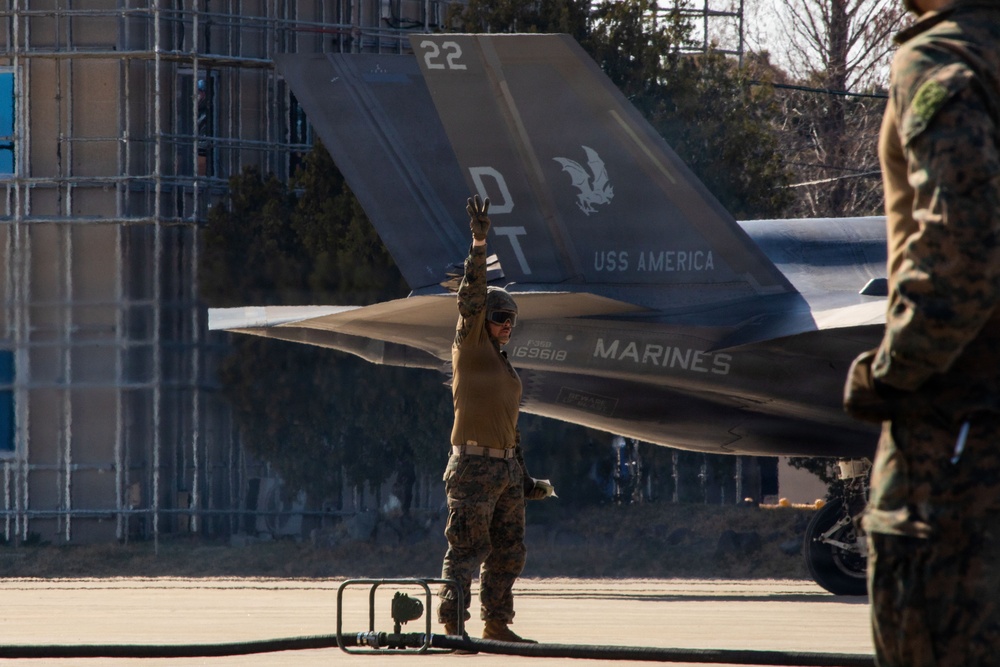 U.S. Marines refuel aircraft at forward arming, refueling point