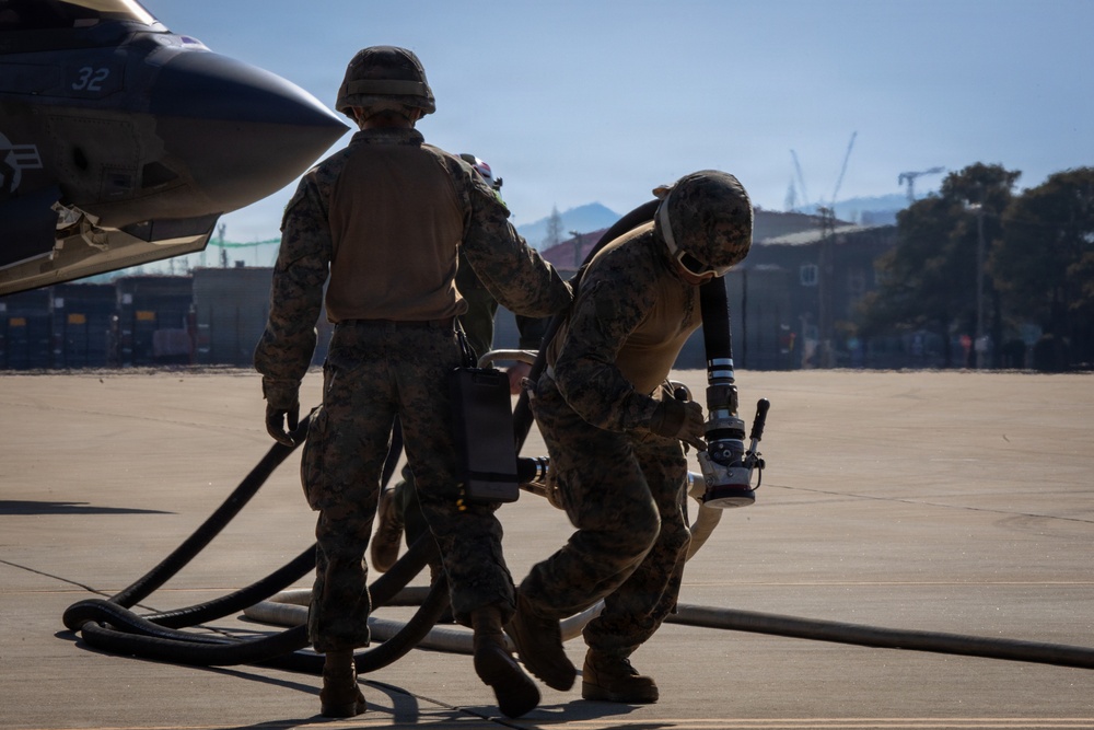 U.S. Marines refuel aircraft at forward arming, refueling point