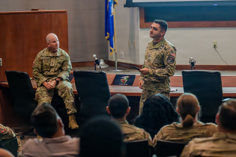 S4S first sergeant speaks to staff during S4S all call.