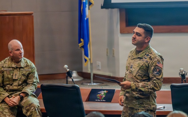 S4S first sergeant speaks to staff during S4S all call.