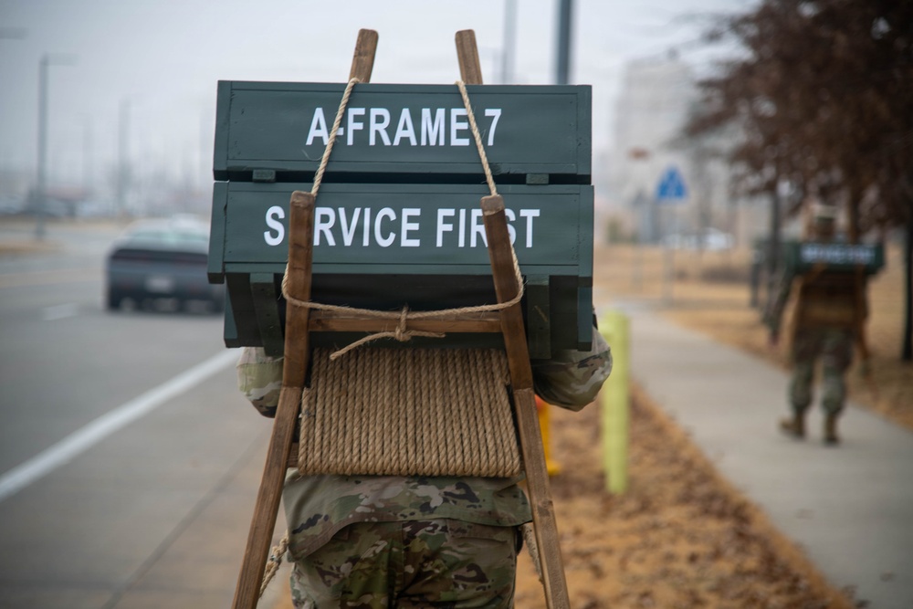 The Korean Service Corps (KSC) Battalion commemorated its 75th anniversary with an A-frame ruck march at Camp Humphreys on Mar. 26, honoring the tool's historical significance.