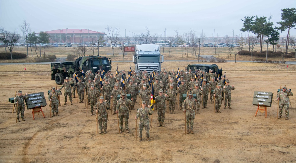 The Korean Service Corps (KSC) Battalion commemorated its 75th anniversary with an A-frame ruck march at Camp Humphreys on Mar. 26, honoring the tool's historical significance.