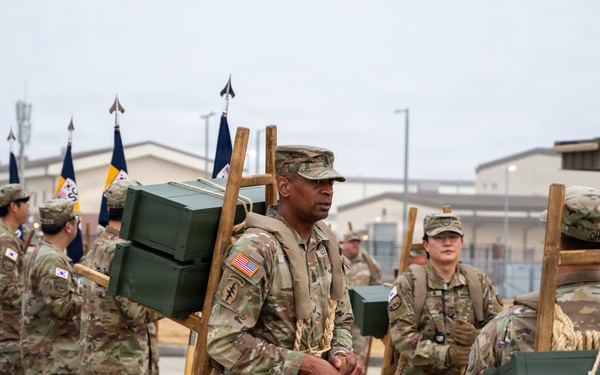 The Korean Service Corps (KSC) Battalion commemorated its 75th anniversary with an A-frame ruck march at Camp Humphreys on Mar. 26, honoring the tool's historical significance.