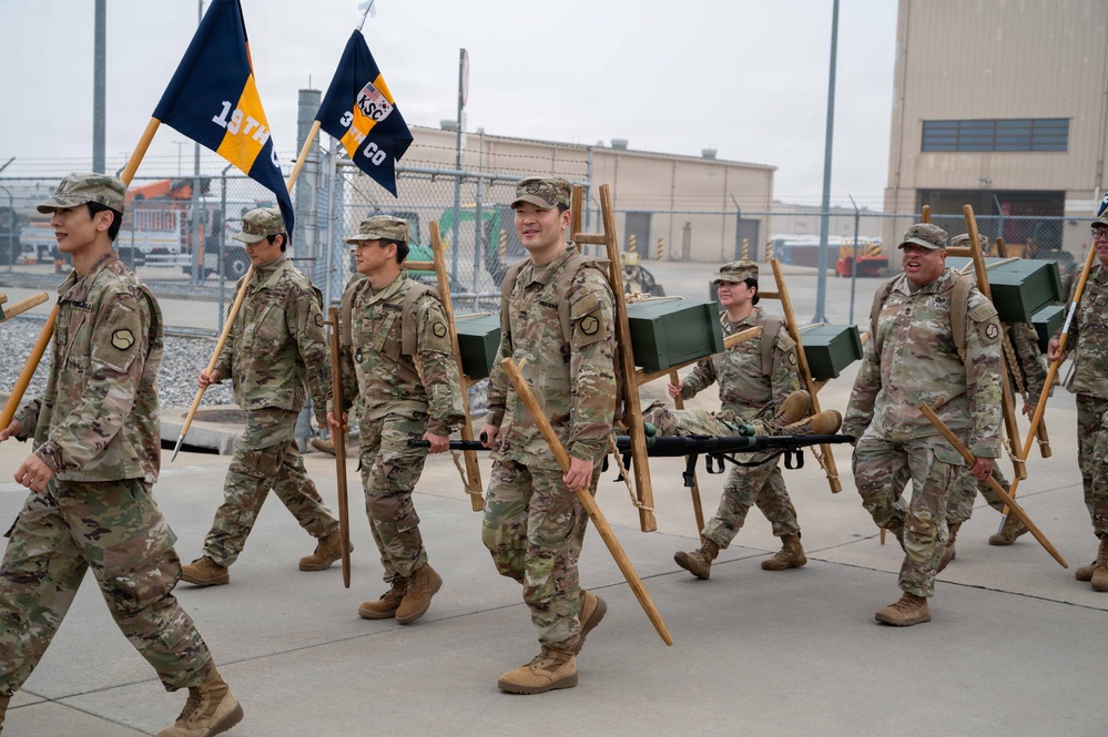 The Korean Service Corps (KSC) Battalion commemorated its 75th anniversary with an A-frame ruck march at Camp Humphreys on Mar. 26, honoring the tool's historical significance.