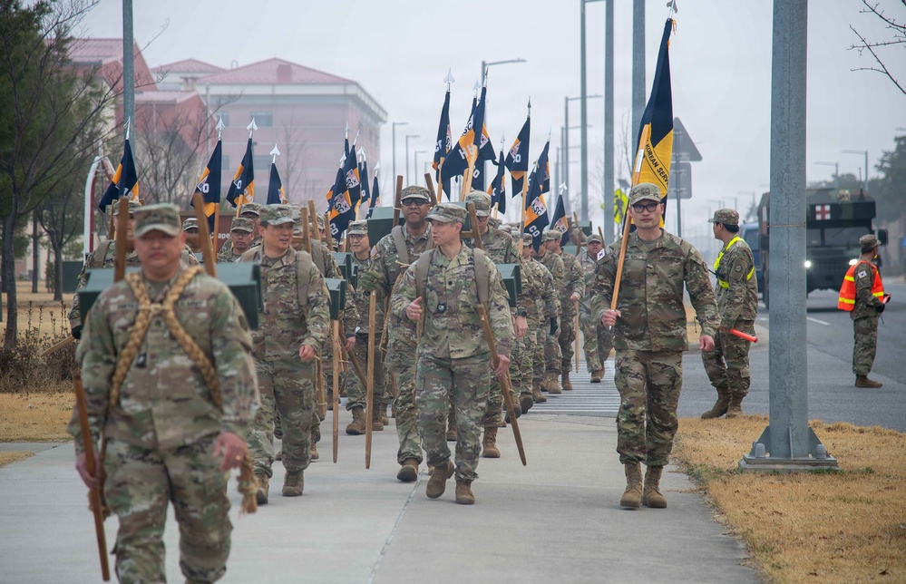 The Korean Service Corps (KSC) Battalion commemorated its 75th anniversary with an A-frame ruck march at Camp Humphreys on Mar. 26, honoring the tool's historical significance.