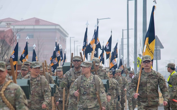 The Korean Service Corps (KSC) Battalion commemorated its 75th anniversary with an A-frame ruck march at Camp Humphreys on Mar. 26, honoring the tool's historical significance.