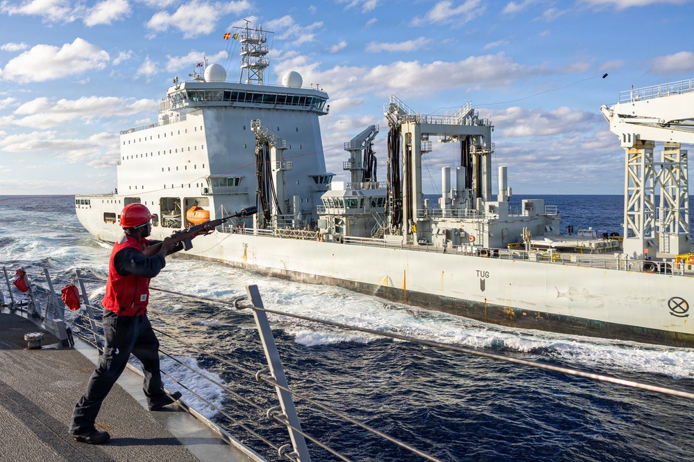 USS Fitzgerald conducts a replenishment-at-sea with MV Asterix during Kakadu 2026