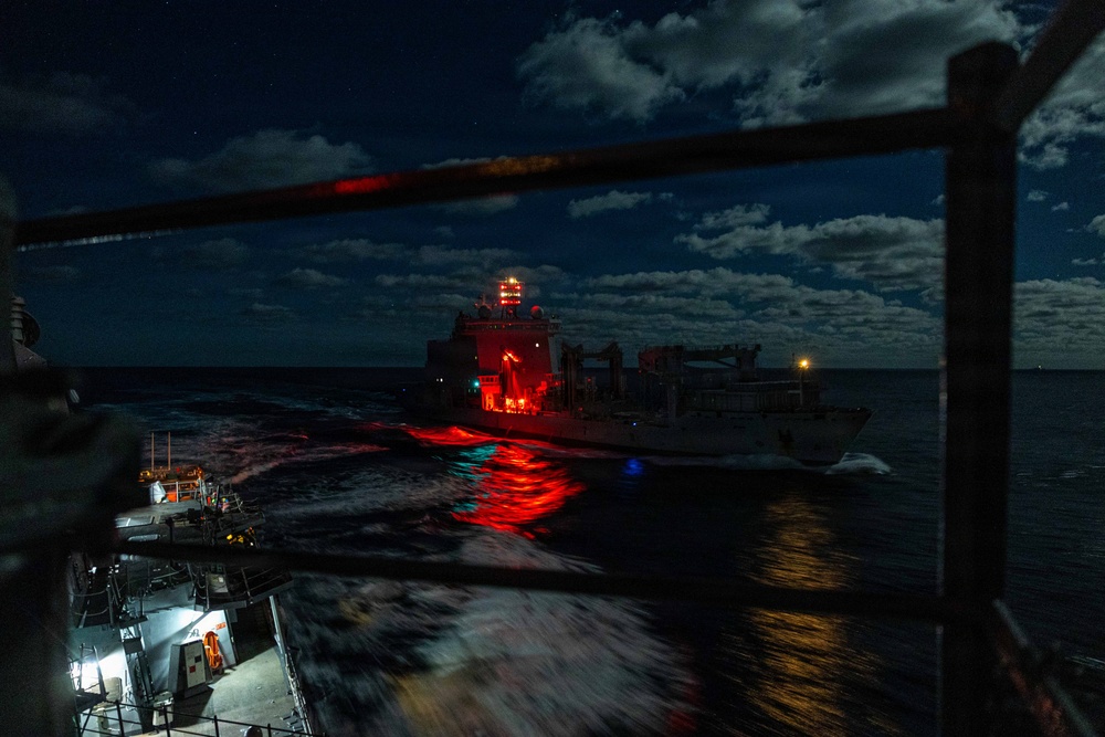 USS Fitzgerald conducts a replenishment-at-sea with MV Asterix during Kakadu 2026
