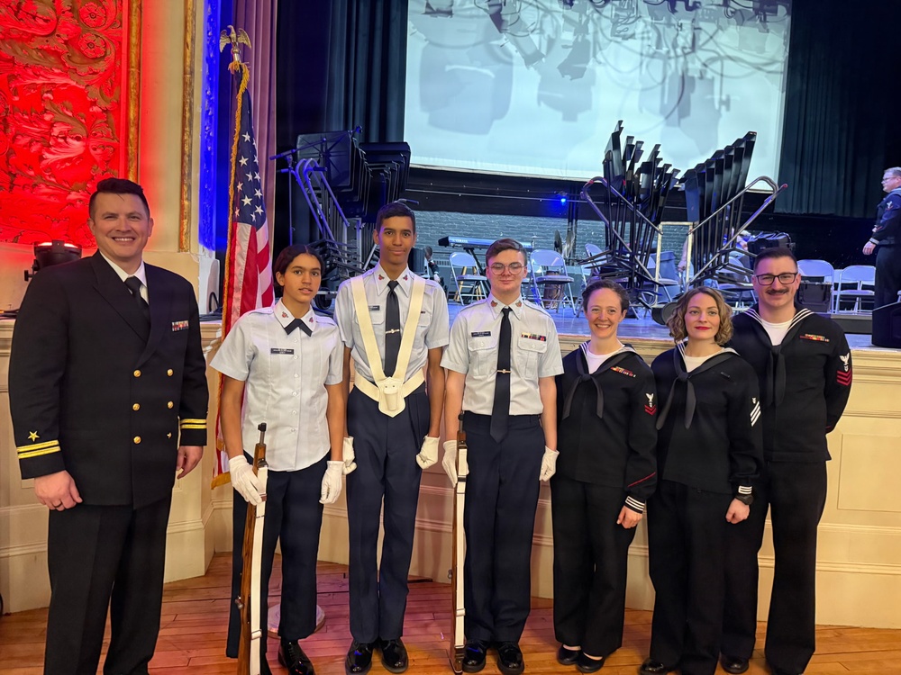Civil Air Patrol Squadron cadets, led by Major Jennifer Gagnon, presented the colors during Navy Band Northeast's performance of the National Anthem in Claremont, NH