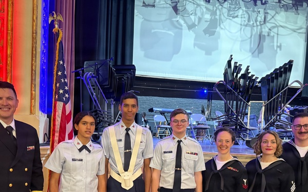 Civil Air Patrol Squadron cadets, led by Major Jennifer Gagnon, presented the colors during Navy Band Northeast's performance of the National Anthem in Claremont, NH