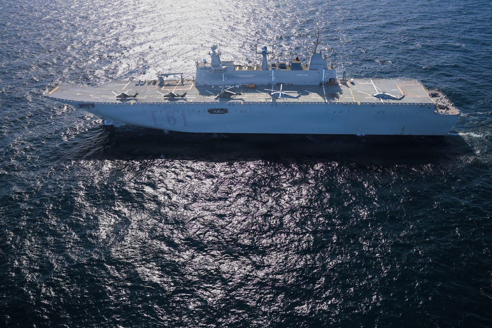 U.S. Navy MH-60R Seahawks from HSM-79 conduct interoperability exercises with the Spanish Juan Carlos I (L 61)