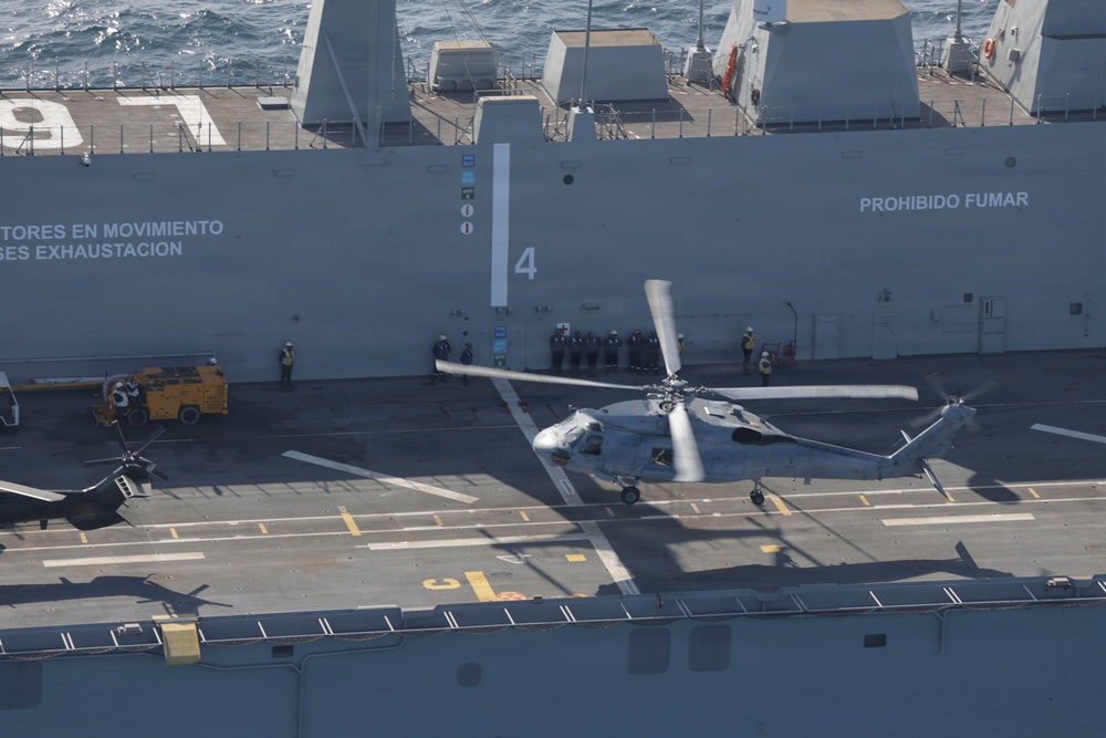 U.S. Navy MH-60R Seahawk from HSM-79 lands on the Juan Carlos I-class aircraft carrier landing helicopter dock SPS Juan Carlos I (L 61)
