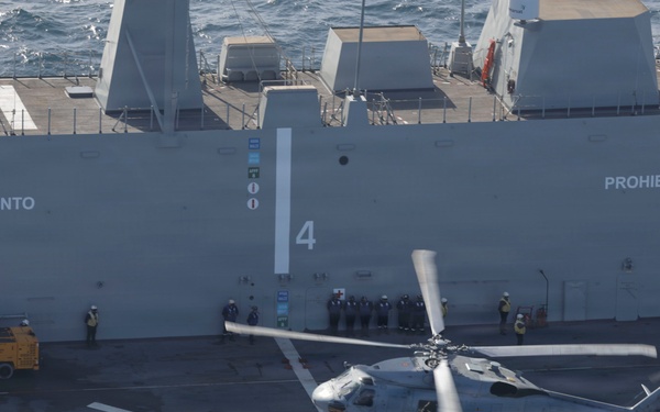 U.S. Navy MH-60R Seahawk from HSM-79 lands on the Juan Carlos I-class aircraft carrier landing helicopter dock SPS Juan Carlos I (L 61)