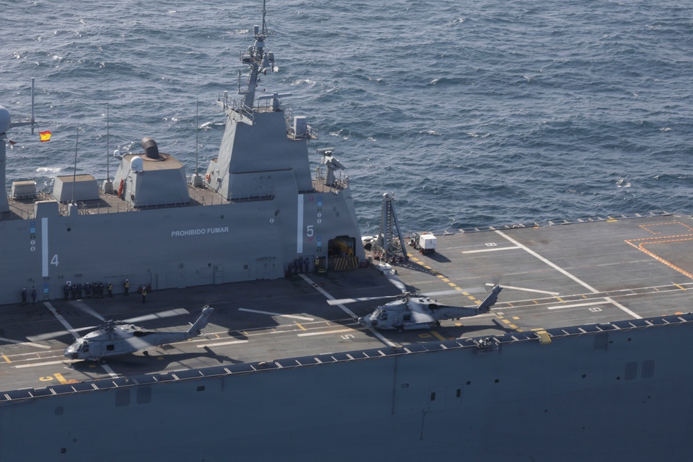 U.S. Navy MH-60R Seahawks from HSM-79 conduct interoperability exercises with the Spanish Armada.