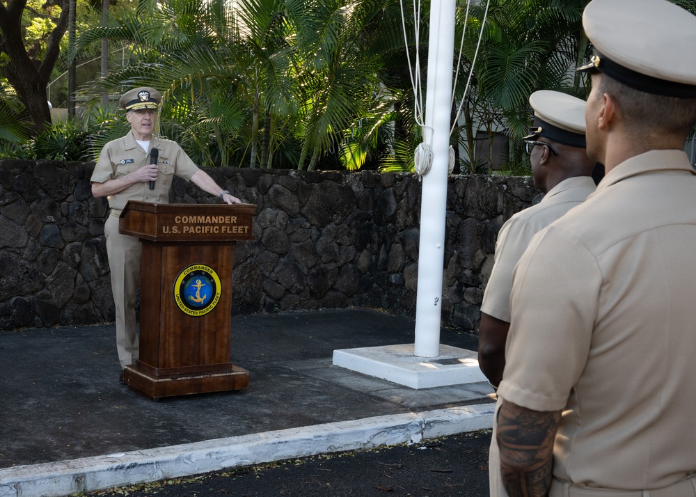 Adm. Steve Koehler, commander, U.S. Pacific Fleet, delivers remarks during the chief petty officer birthday celebration ceremony