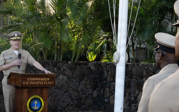 Adm. Steve Koehler, commander, U.S. Pacific Fleet, delivers remarks during the chief petty officer birthday celebration ceremony